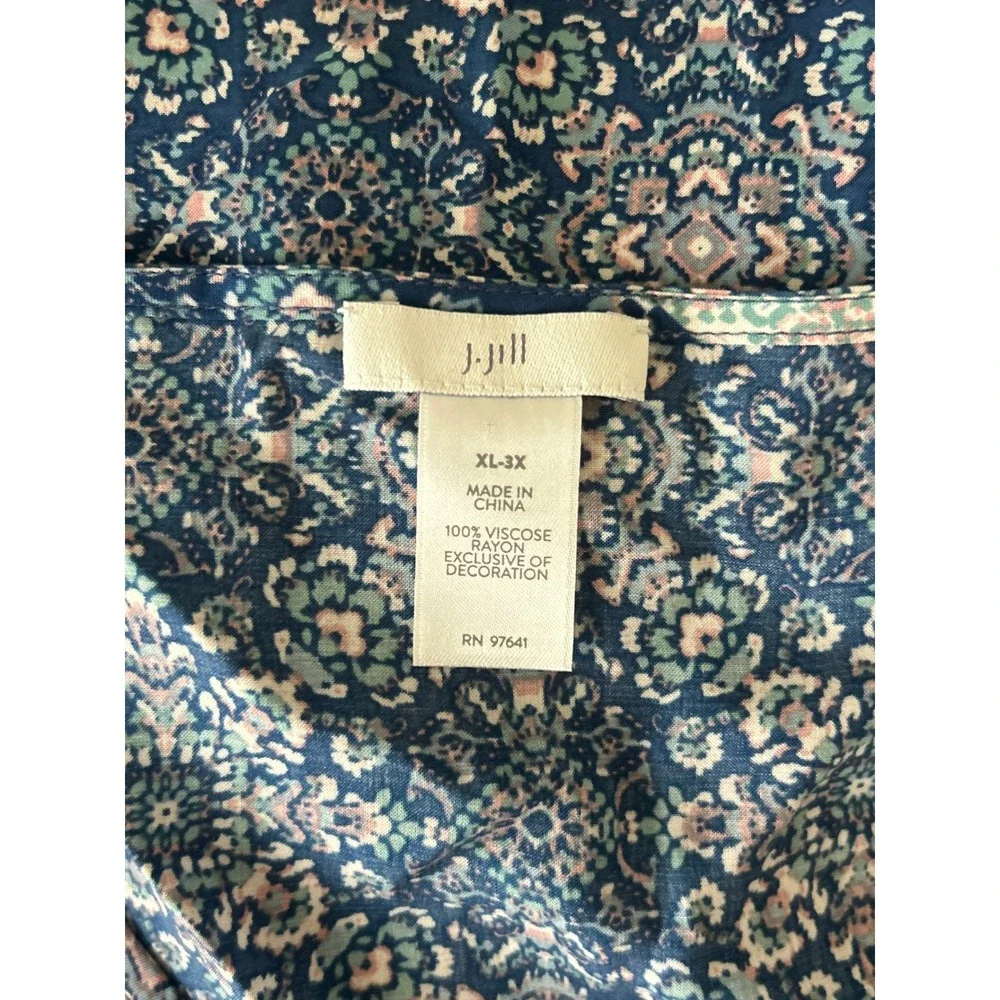 J.Jill Blue‎ Medallion Floral Tassel Poncho Topper XL-3X Resortwear Boho Travel